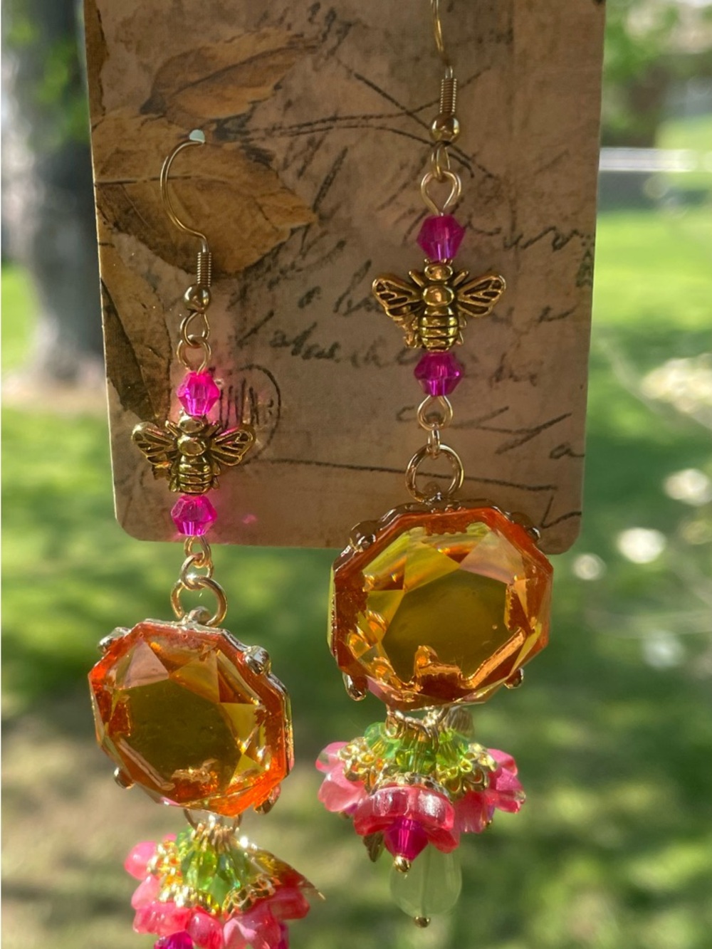 Gold Bee Drop Earrings with Orange Crystal and Pink-Green Accents - Picture 6 of 11